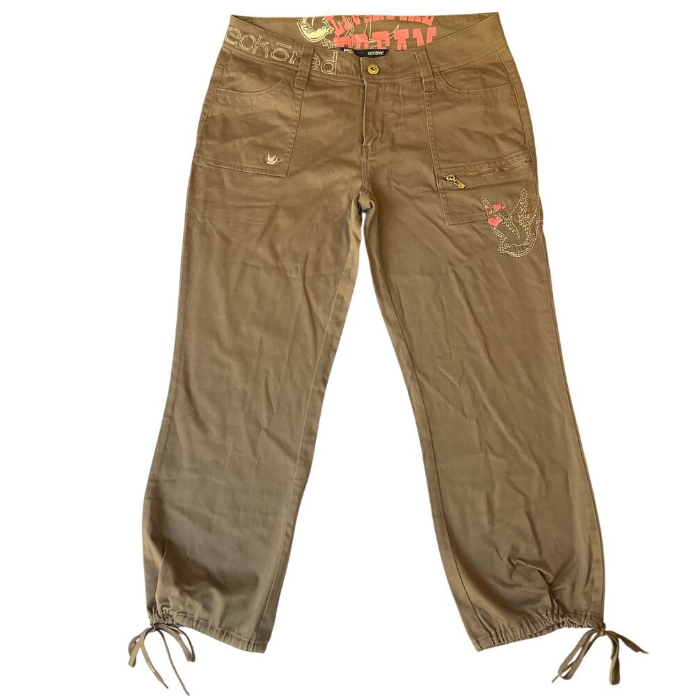 Ecko Red Women Khaki Pants size 11 Brown Mid Rise Cropped Embroidered Bird